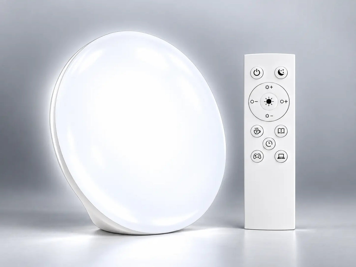 White and red table lamp with handheld remote in bright white mode