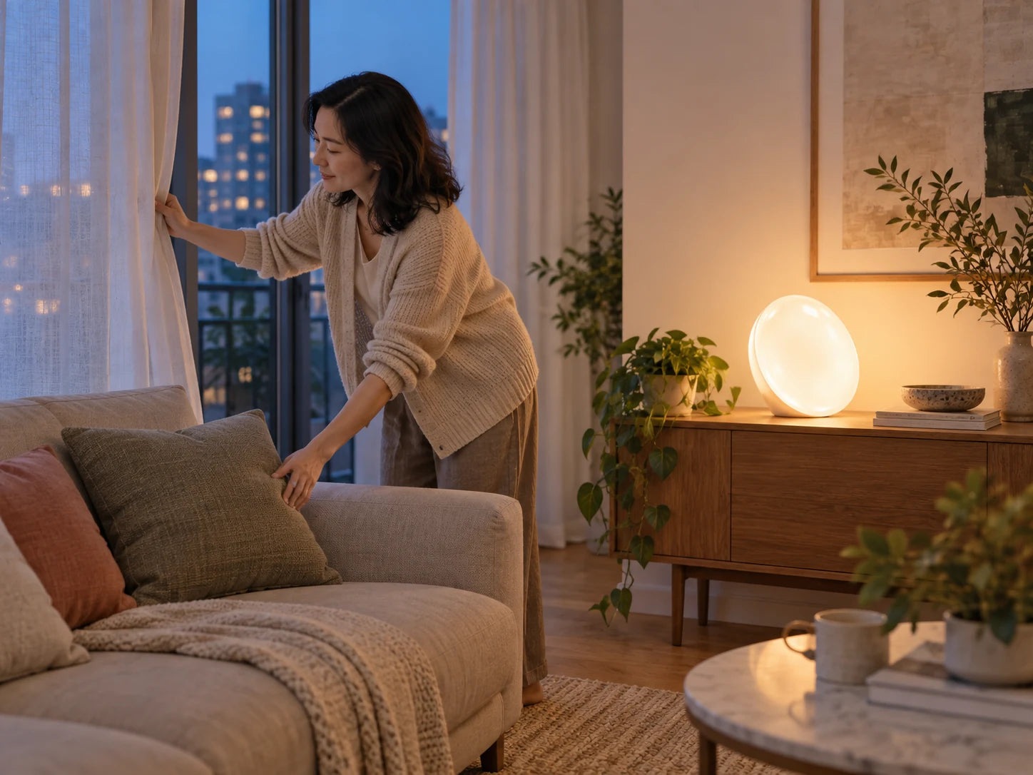 Adult arranging an airy living room beside the warm-white lamp at twilight.