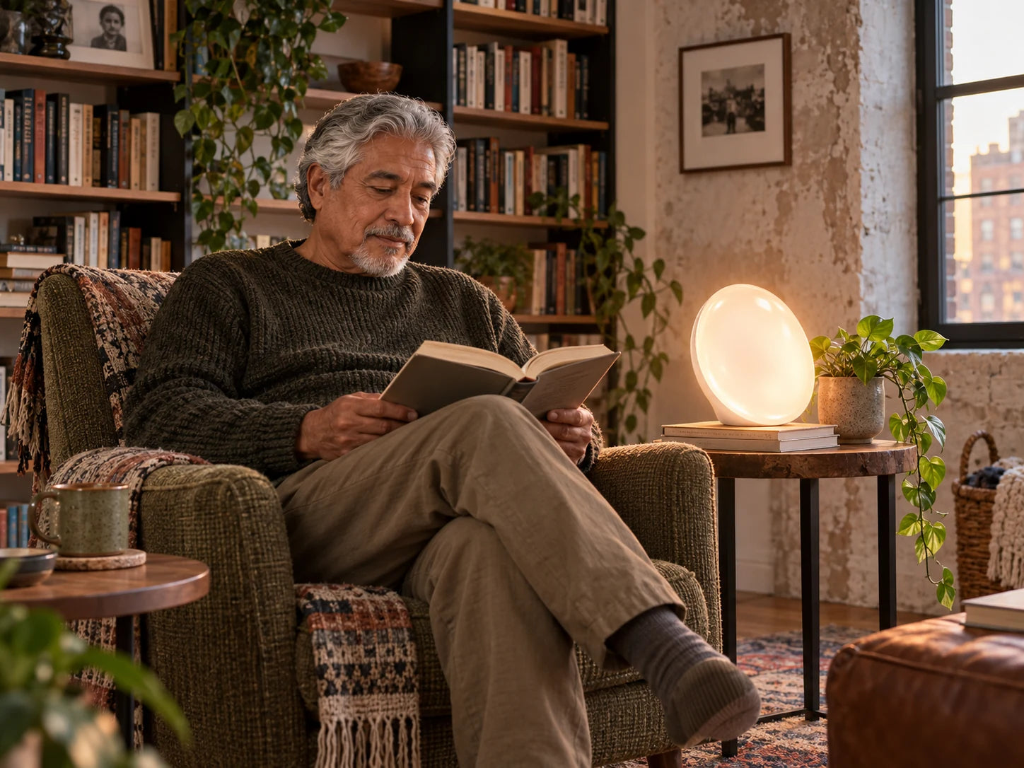 Older adult reading in a book-lined loft beside the warm-white lamp.
