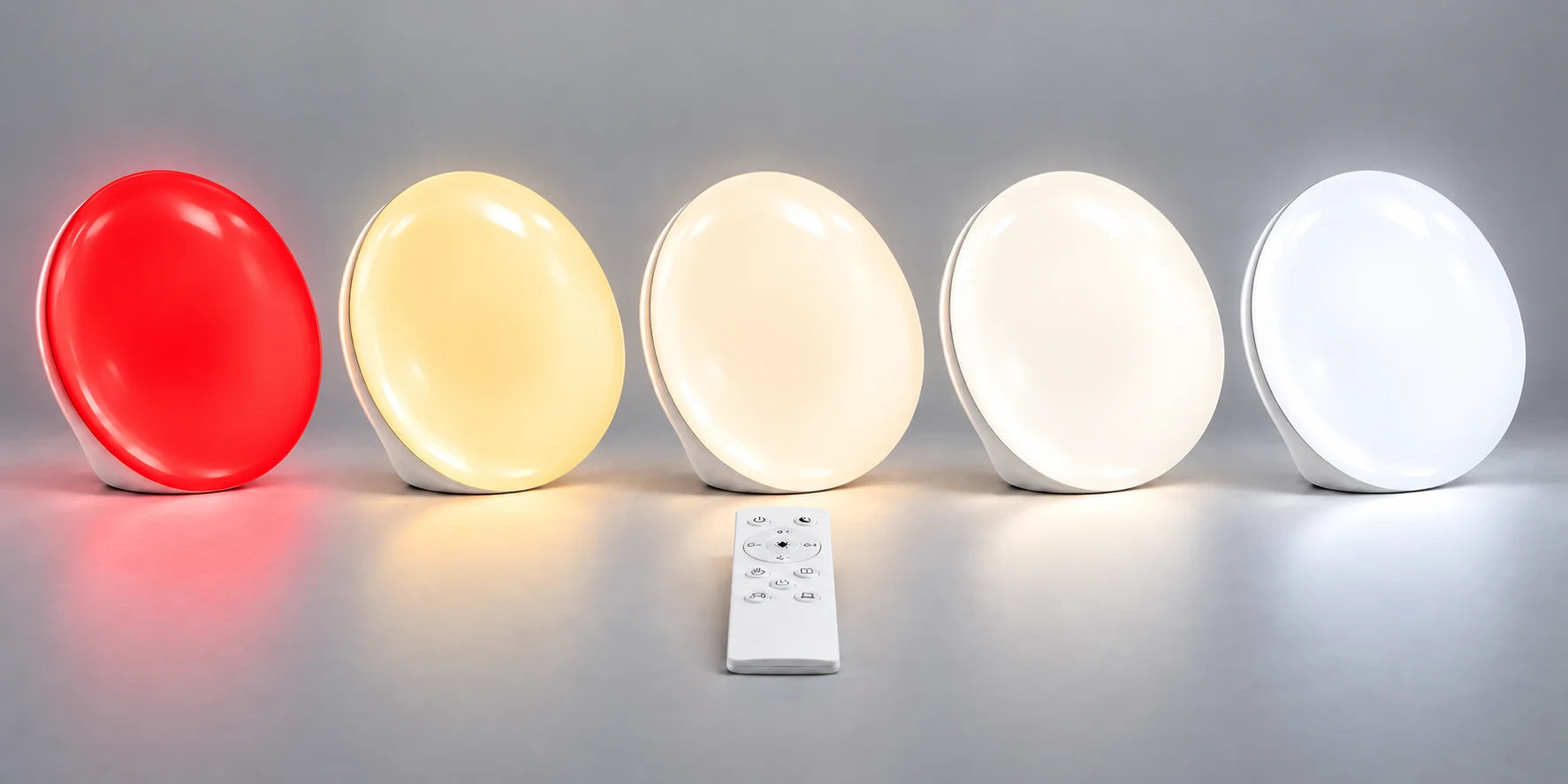 Five settings of the same lamp: four white-light tones and red