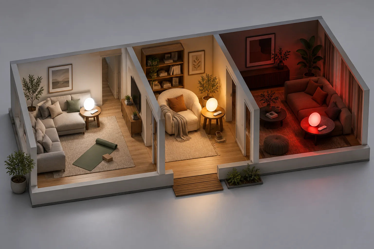 Cutaway illustration of three rooms, each with the same lamp in white, warm-white, or red.