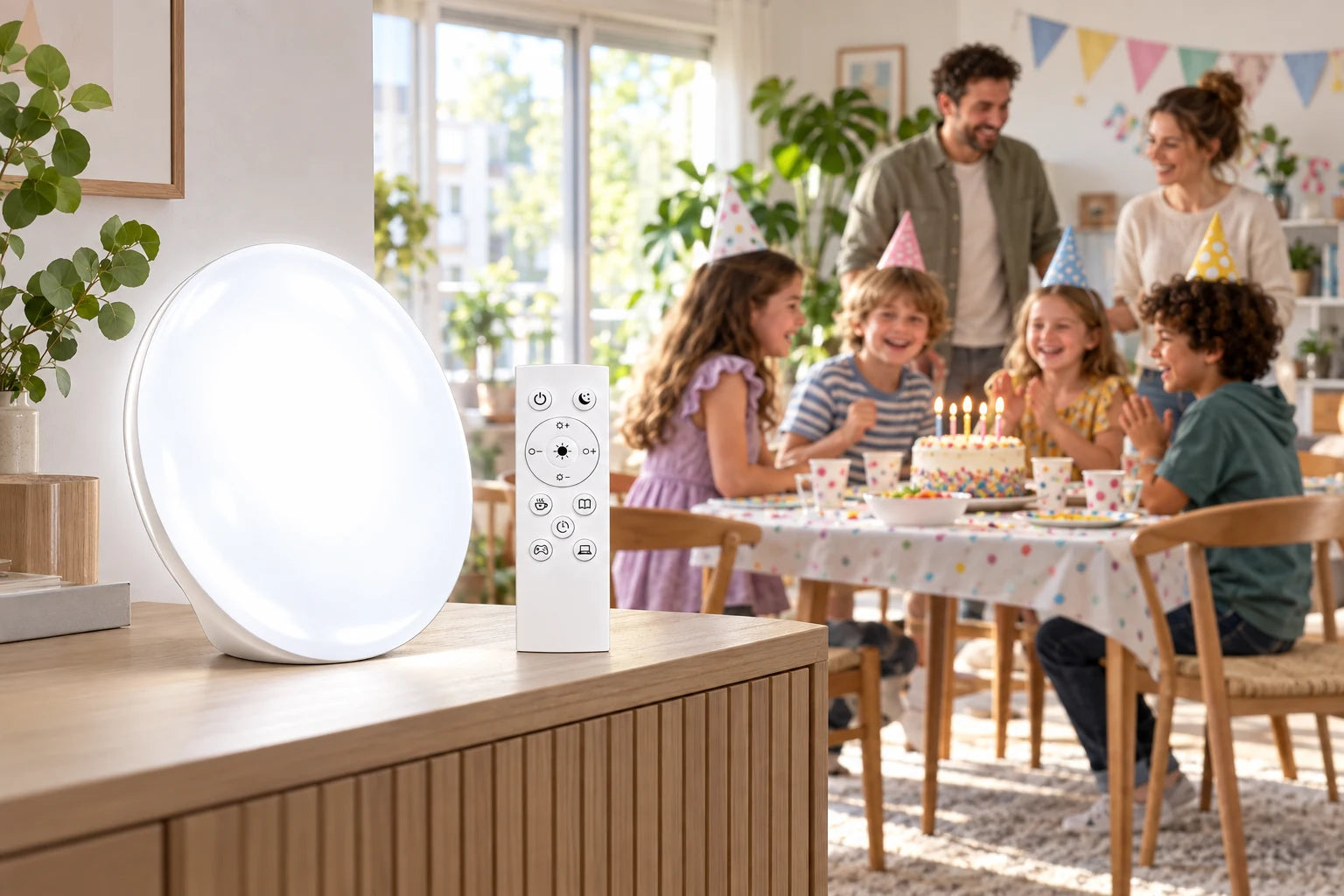 White-lit lamp and remote in the foreground while children celebrate a birthday with two adults in a sunny apartment.