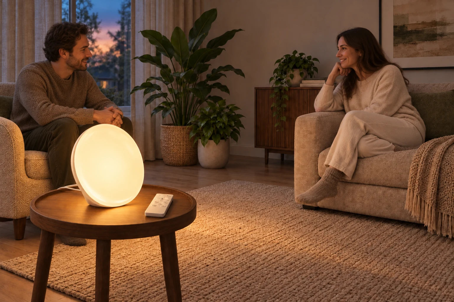 Warm-lit lamp and remote on the foreground table, with two people talking from the sofa and armchair.