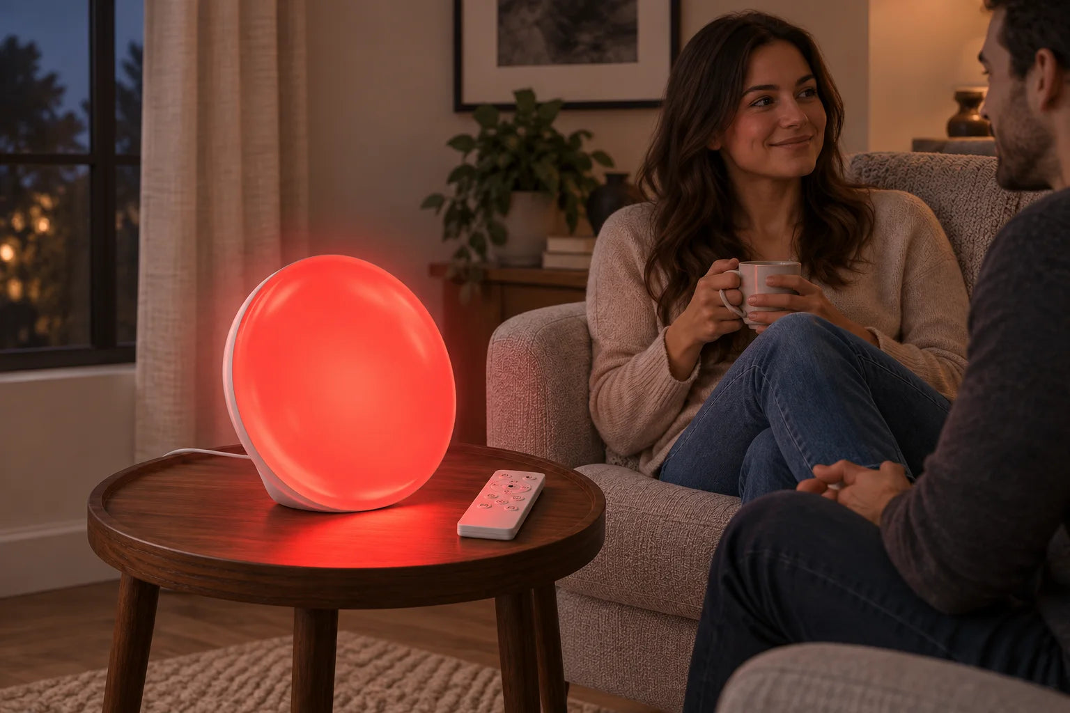 Red-lit lamp and remote beside two people talking in a living room in the evening.