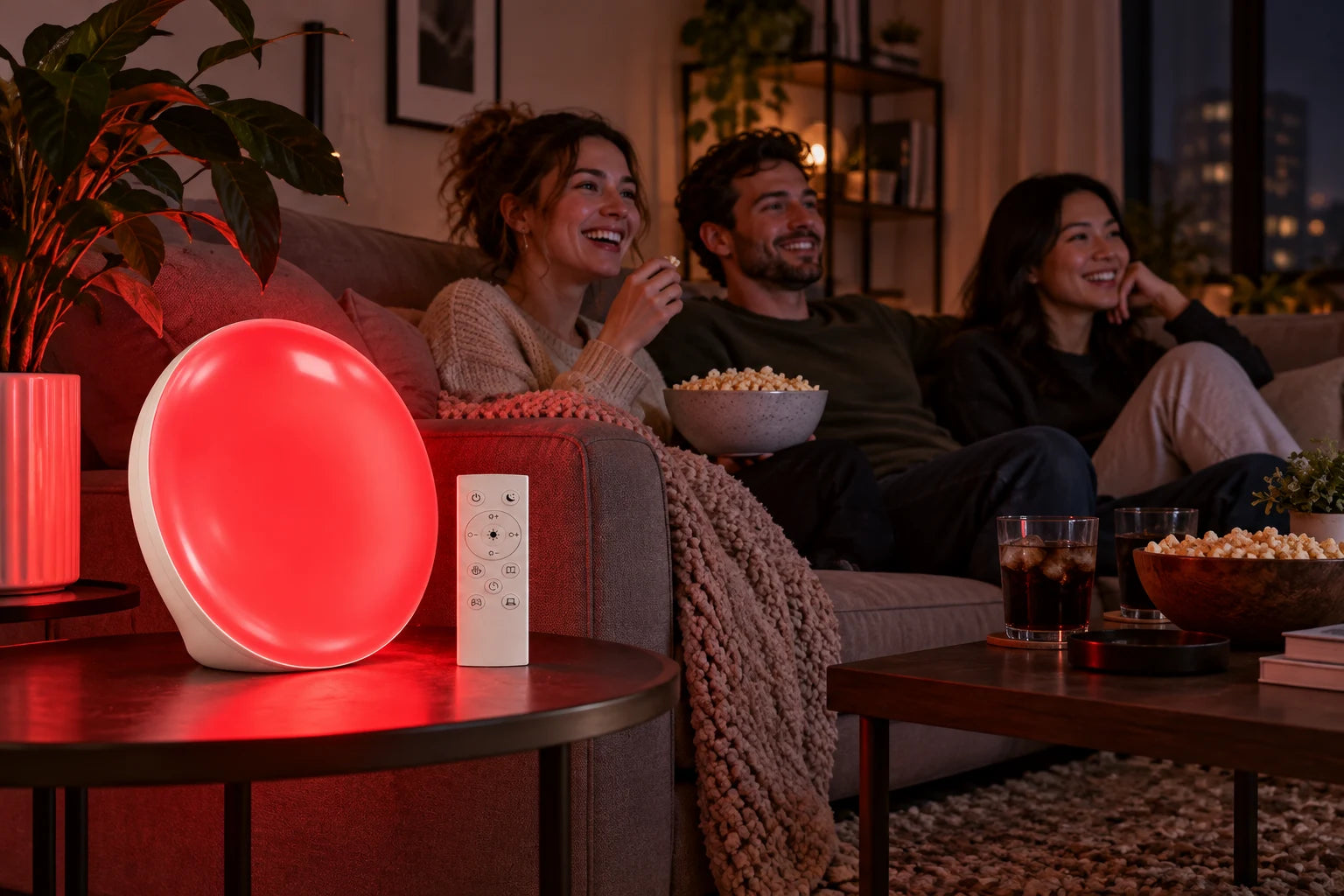 Red-lit lamp and remote in the foreground while three adult friends watch a movie together.