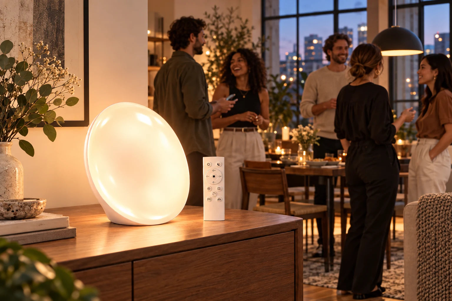 Bright warm-lit lamp and remote in the foreground while adult friends gather in a city apartment.