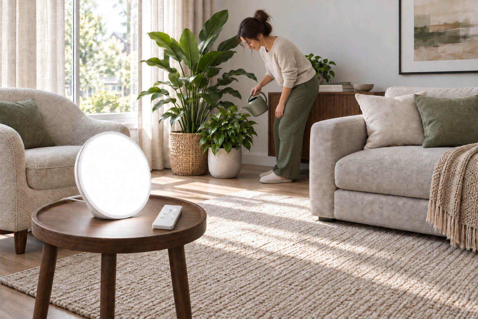 White-lit lamp in the foreground while a person waters a plant by the window.