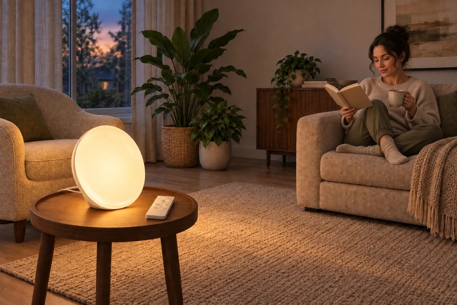 Warm-lit lamp and remote on the foreground table, with a person reading on the sofa and holding a mug.