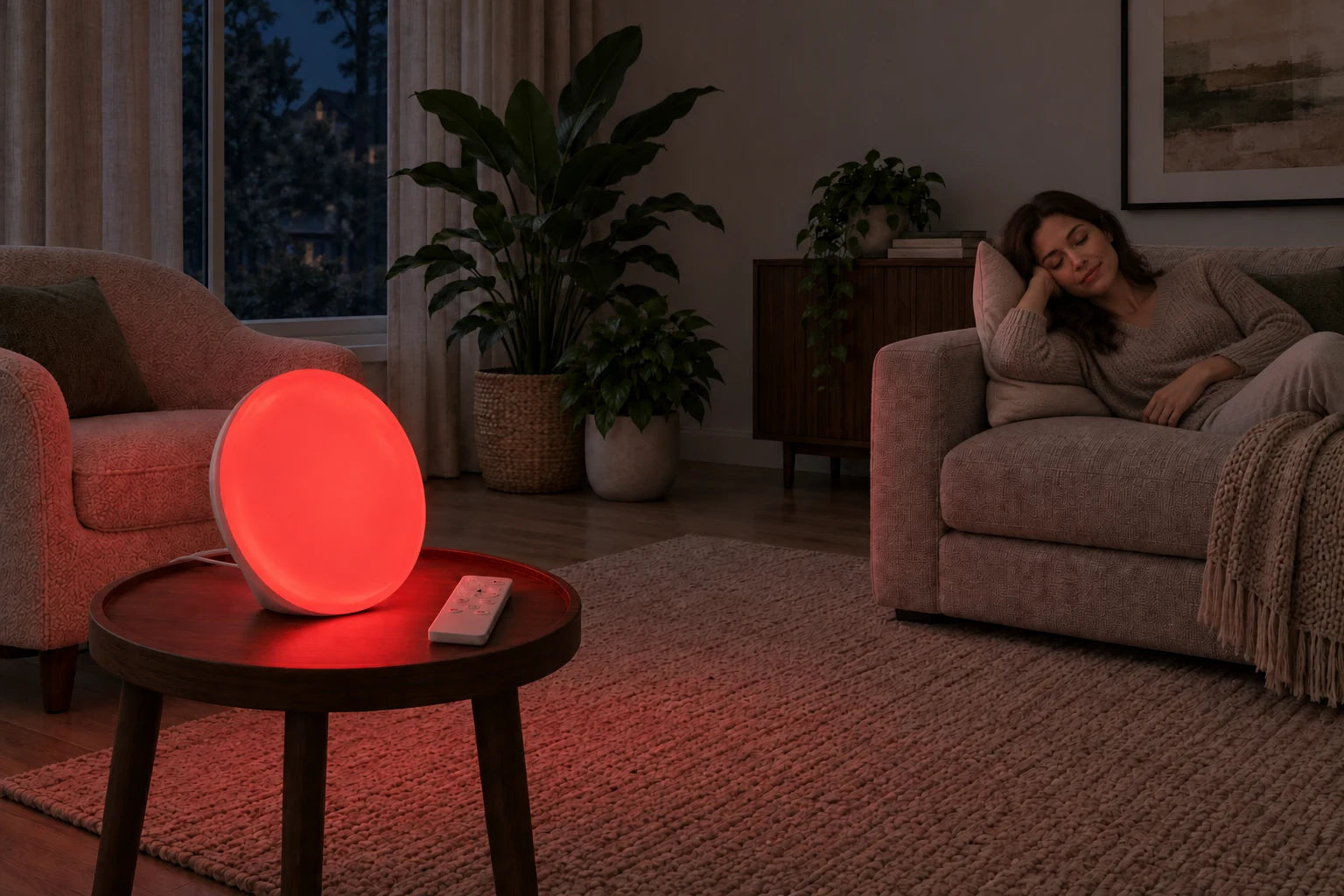 Red-lit lamp and remote on the foreground table, with a person resting on the sofa at night.