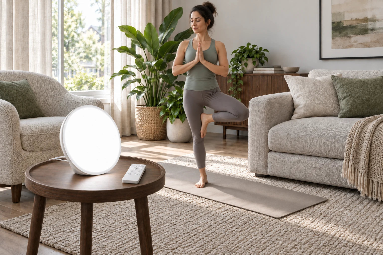 White-lit lamp and remote on the foreground table, with a person doing yoga in the living room.