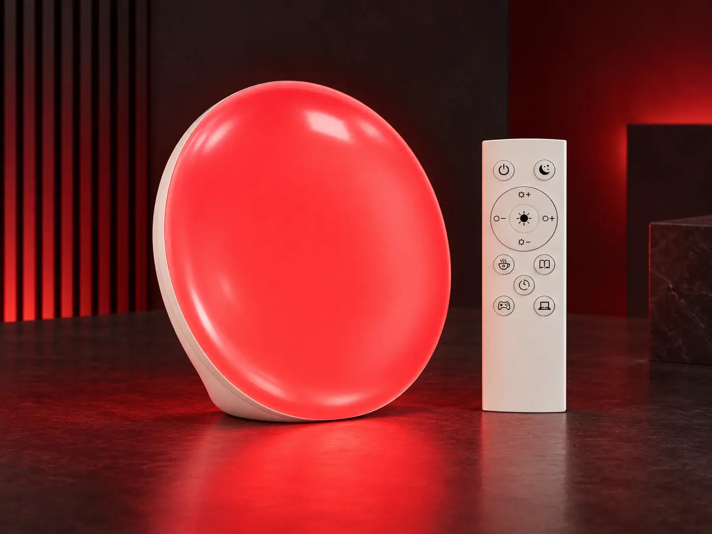The lamp glowing red with its remote beside it