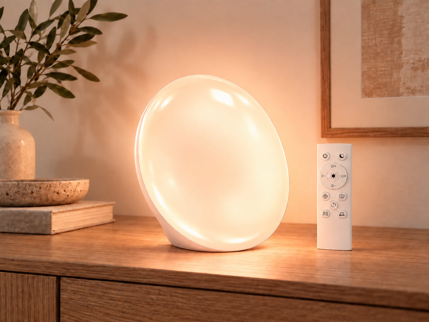 The lamp glowing warm yellow with its remote beside it